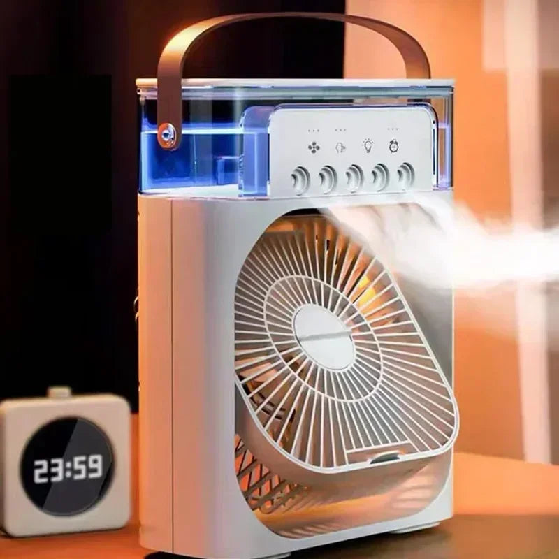 Portable USB Fan, Air Conditioner, Night Light, Water Mist, 3-in-1 Air Humidifier