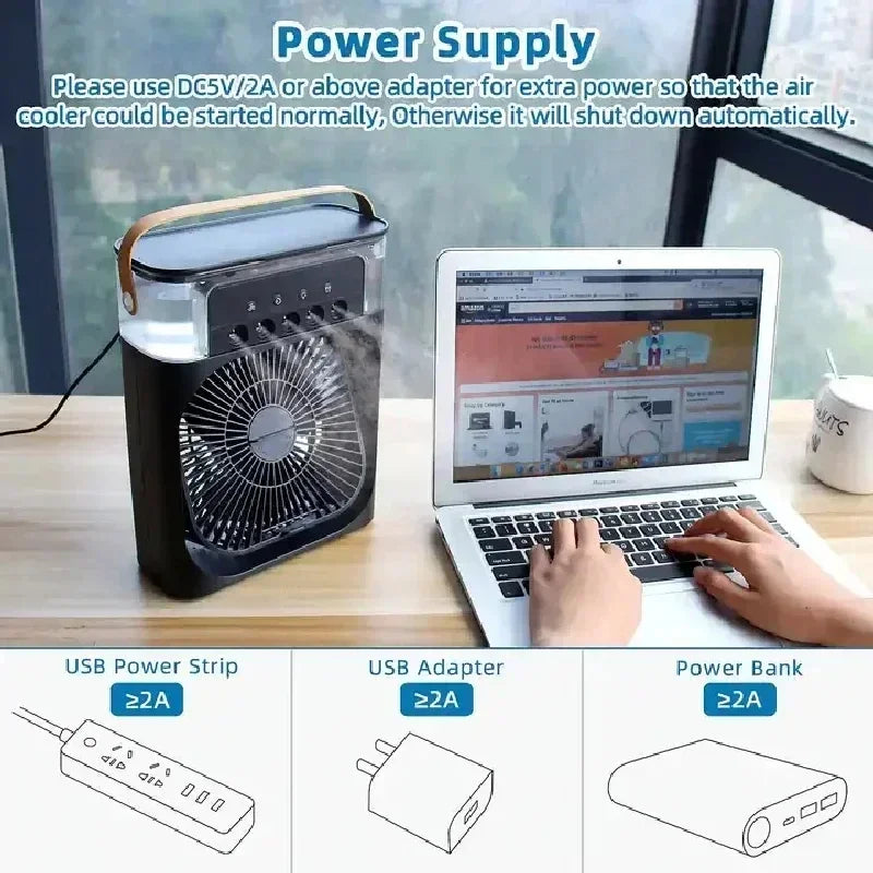 Portable USB Fan, Air Conditioner, Night Light, Water Mist, 3-in-1 Air Humidifier