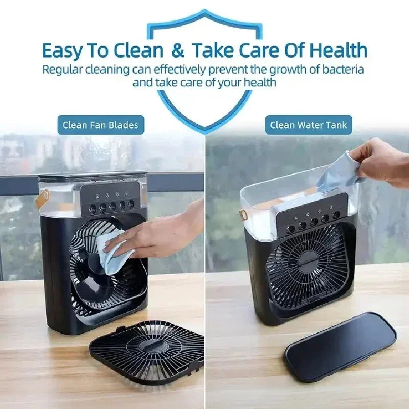 Portable USB Fan, Air Conditioner, Night Light, Water Mist, 3-in-1 Air Humidifier