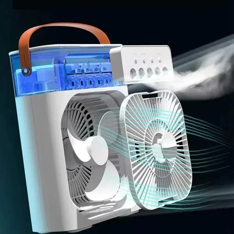 Portable USB Fan, Air Conditioner, Night Light, Water Mist, 3-in-1 Air Humidifier
