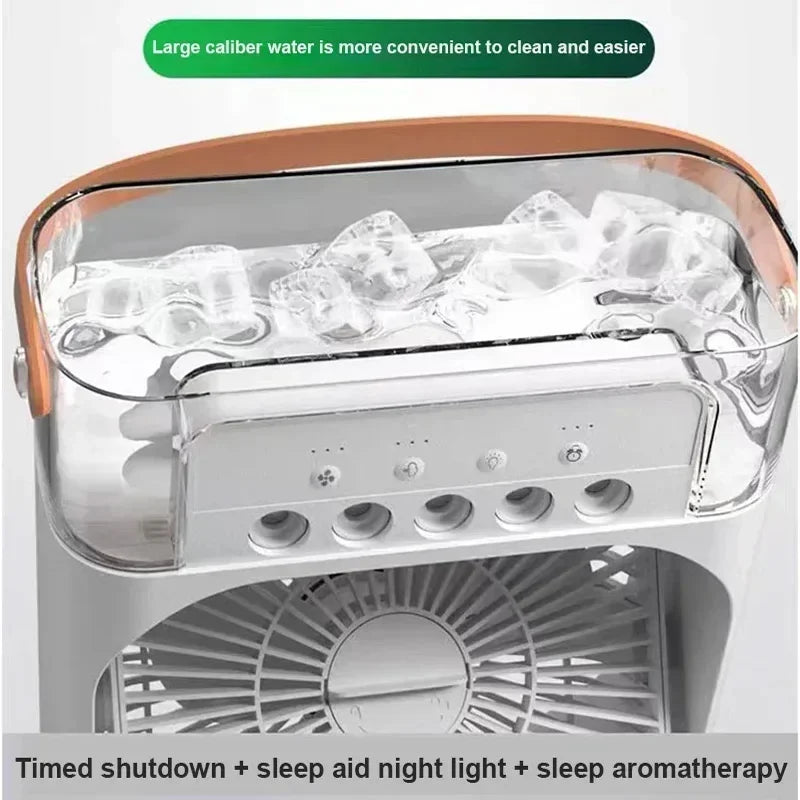 Portable USB Fan, Air Conditioner, Night Light, Water Mist, 3-in-1 Air Humidifier